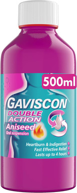 Gaviscon Double Action Aniseed Liquid 500ml - Heartburn, Indigestion, Stomach Pain, Acid Reflux Relief, Digestive Health, Long-Lasting Antacid, Pregnancy Safe