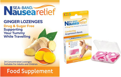 Sea-Band Travel & Motion Sickness and Nausea Relief, Sugar Free Ginger Lozenges and Kids Acupressure Wristband Bundle, (1 x Pack of Ginger Lozenges, 24 Capsules, 1 x Pair of Kids Pink)