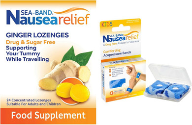 Sea-Band Travel & Motion Sickness and Nausea Relief, Sugar Free Ginger Lozenges and Kids Acupressure Wristband Bundle, (1 x Pack of Ginger Lozenges, 24 Capsules, 1 x Pair of Kids Blue)