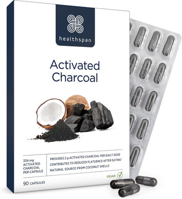 Healthspan Activated Charcoal (90 Capsules) | Contributes to Reduced Flatulence After Eating | 334mg Activated Charcoal per Capsule | Natural Source from Coconut Shells | Vegan
