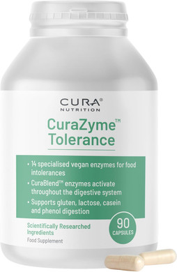 CURA NUTRITION CURAZYME Tolerance (90 Capsules) Food Intolerance Digestive Enzymes Supplement for Gut Health Support, Broad Spectrum Enzyme Complex for Bloating, Heartburn, Digestion Relief, Vegan