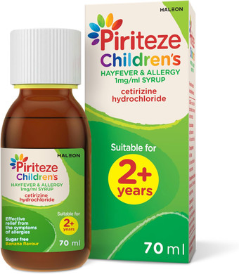 Piriteze Childrens Hayfever & Allergy Syrup. Sugar Free, Banana Flavour Syrup containing cetirizine (antihistamine), 2 Years+, 70ml | Packaging May Vary