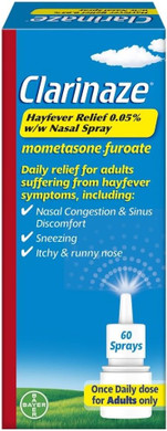 Clarinaze Hayfever Relief Nasal Spray, Prescription Strength, Effective Relief from Allergy Symptoms, mometasone furoate 0.05%, 60 Sprays