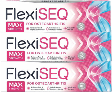 FlexiSEQ Max Strength 50g Gel, 3 Pack, Topical Gel for Osteoarthritis, Drug Free, for All synovial Joints (HIPS, Knees, Shoulders, Hands, feet etc)