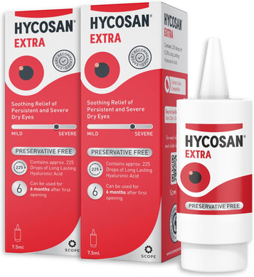 Hycosan Extra Double Pack - Eye Drops with Hyaluronic Acid for Soothing Relief of Severe and Persistent Dry Eyes - Contact Lens Compatible - Preservative Free - 2x225 Measured Drops