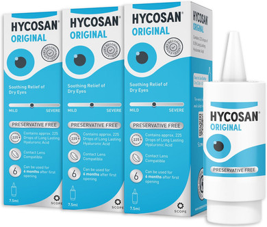 Hycosan Original - Triple Pack - Preservative Free Eyedrops - Sodium Hyaluronate 0.1% - Eye Drops for Mild to Moderate Dry Eye Symptoms and Contact Lens Irritation - 3x7.5ml
