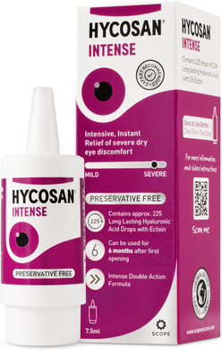 Hycosan Intense - Eye Drops for Long-Lasting, Intensive Lubrication and Instant Relief for Itchy, Burning Sensation and Severe Dry Eyes - Preservative Free - 225 Measured Doses
