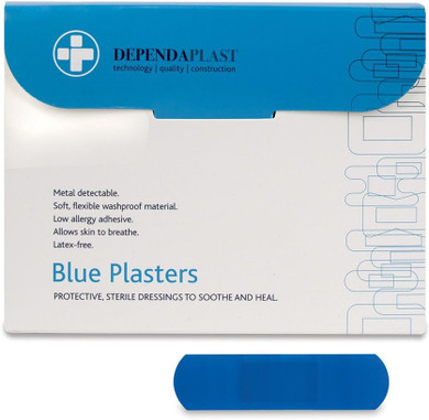 Dependaplast Food Area Blue Plasters With High Visibility And Metal Detection Properties, Easily Detectable, Individually Wrapped 7 cm x 2 cm, Blue (Pack of 100)