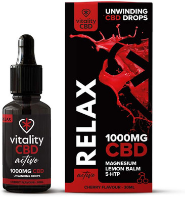 Vitality CBD Active Relax Drops with Lemon Balm, Magnesium, Griffonia Simplicifolia, 1000mg of CBD, Cherry Flavour, 30 ml, NO THC