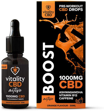 Vitality CBD Active Boost Drops with Vitamin B12, Caffeine, Ashwagandha, 1000mg of CBD, 30ml, Orange Flavour, NO THC
