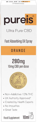 Pureis CBD Oil, Ultra Pure, Fast Absorbing - Orange Flavour Oral Spray - 280 mg = 10 mg of CBD per use - 0% THC, Non-Addictive, Vegan, Gluten-Free - 10 ml