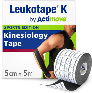 Leukotape K by Actimove Sports Edition Kinesiology Tape for Muscle Support and Pain Relief, 5cm x 5m, Black, 1 Roll