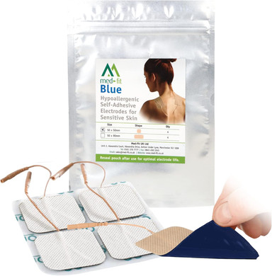 Med-Fit Blue Sensitive Skin TENS Pads 5cm x 5cm 100% Natural Hydro-Gel - Bumper Pack 12 Pads 3 Pack