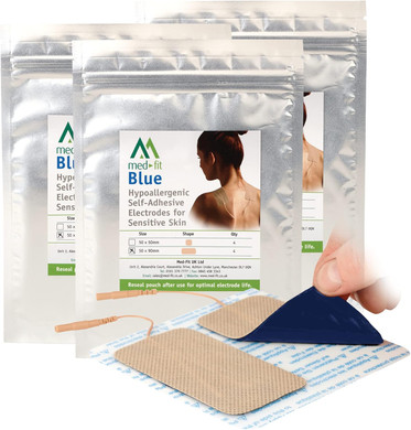 Med-Fit Blue Sensitive Skin TENS Pads 5cm x 10cm 100% completley Natural Hydro-Gel - Bumper Pack 12 Pads 3 Packs
