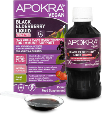 Elderberry Syrup Sugar Free, Acerola Vitamin C and Zinc for Adults & Kids | Big Bottle 150ml | Immune System Booster | Natural Strawberry Flavour | Vegan | Plant Based VIT C | APOKRA