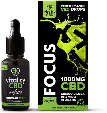 Vitality CBD Active Focus Drops with Ginkgo Biloba, Vitamin A, Guarana, 1000mg of CBD, 30ml, Lime Flavour, NO THC