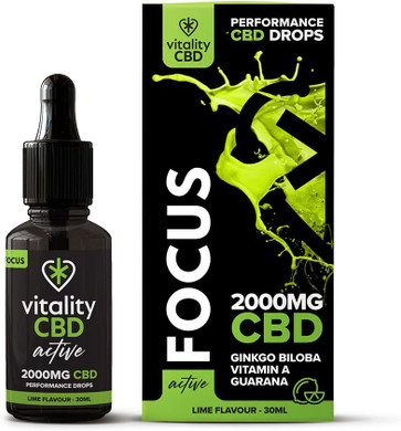 Vitality CBD Active Focus Drops with Ginkgo Biloba, Vitamin A, Guarana, 2000mg of CBD, 30ml, Lime Flavour, NO THC