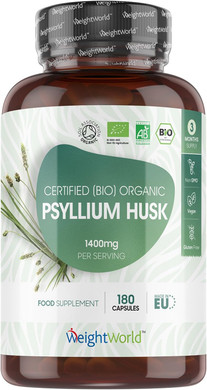 Weightworld Organic Psyllium Husks Capsules - 1400mg per Serving - Prebiotic Fibre Supplement - 180 Powder Capsules - 3 Months Supply - High in Soluble Fibre - 2 per Day with Water