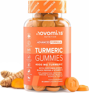 Turmeric Gummies  4000mg High Strength Turmeric and Ginger Gummies with Curcumin, Black Pepper & Vitamin D  Tumeric Supplements Joint Support Immunity, Muscle & Bone  Novomins