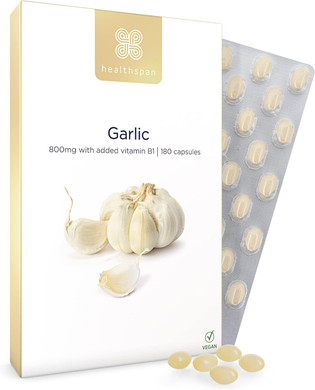 Healthspan Garlic 800mg (3 Months' Supply) | for a Healthy Heart & Respiratory System | Maintains Normal Cholesterol Levels | Added Vitamin B1 | Easy to Swallow Capsules & Odour Controlled | Vegan