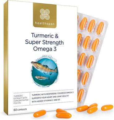 Healthspan Turmeric & Omega 3 | 60 Capsules | Added Vitamin C & Vitamin D3 | Heart, Joint & Bone Health | Sustainably Sourced