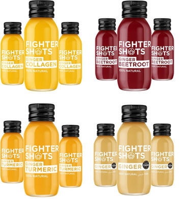 Fighter Shots Mixed Pack (12x60ml)| Ginger, Ginger Turmeric, Ginger Collagen & Ginger Beetroot | 100% Natural | Perfect Morning/Post Workout Pick Me Up | No Preservatives