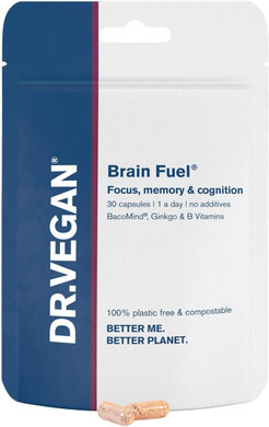 Brain Fuel | Focus, Memory and Cognition | Includes Bacopa Monnieri 300mg, Ginkgo Biloba 150mg | 30 Vegan Capsules | One-A-Day | DR.Vegan