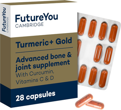 Turmeric+ Gold Supplement  28 Turmeric Capsules High Strength  Curcumin Capsule Patented Meriva Formulation with Vitamins C & D  Tablets for Bones, Joints & Muscles by FutureYou Cambridge