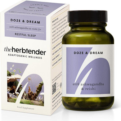 The Herbtender Doze & Dream  Natural Sleep Support Supplement with Reishi, Ashwagandha & Chamomile, Promotes Deep Rest & Relaxation, Vegan, Organic Ingredients, 60 Capsule Pouch