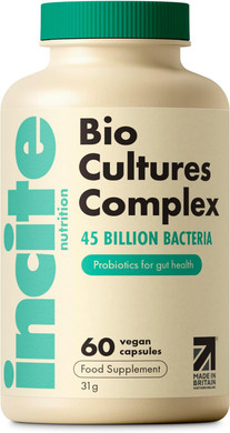 Incite Nutrition Bio Cultures Complex 45 Billion CFU. 1 Month Supply of Prebiotics and Probiotics. 15 Bacterial Strains + Inulin for Digestive Support and Gut Health. Suitable for Vegetarians & Vegans