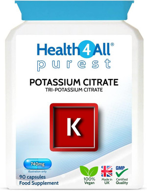 Health4All Potassium Citrate 740mg per Capsule 90 Capsules, Purest High Elemental Potassium, Vegan Electrolyte Supplement for Normal Blood Pressure & Muscle Function (not Tablets) | Made in UK
