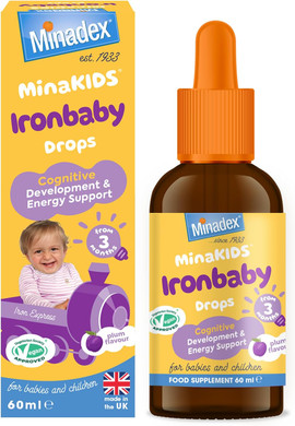 Minadex MinaKIDS Ironbaby Drops  Liquid Iron Supplement for Children, Sugar-Free, Vegan, Plum Flavour, 60ml (2-Month Supply), Supports Immune Health, Minimal Iron Aftertaste, Made in UK