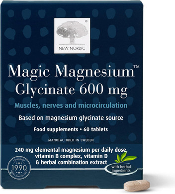 New Nordic Magnesium Glycinate, 600 mg Extra Strength, Sleep & Muscle Support for Women & Men, Pine Bark & Long Pepper Extract, 60 Tablets (Pack of 1)