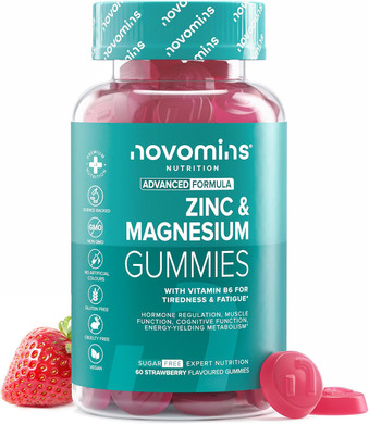Zinc & Magnesium Gummies - Sugar Free - 60 Gummies - ZMA Supplements for Men & Women - Muscles, Bones & Energy - with Vitamin B6 - High Strength Magnesium & Zinc Supplements - Novomins