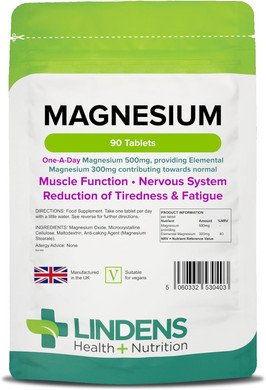 Lindens - Magnesium 500mg - 500 Tablets - UK Made, Reduces Tiredness & Fatigue, Supports Muscle & Nervous System Function - Bones & Teeth Health - Vegan, GMP & Letterbox Friendly