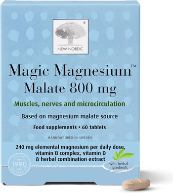 New Nordic Magic Magnesium Malate - 800 mg Extra Strength - Vitamin B Complex & Vitamin D - Muscle & Sleep Support for Women & Men - 60 Tablets