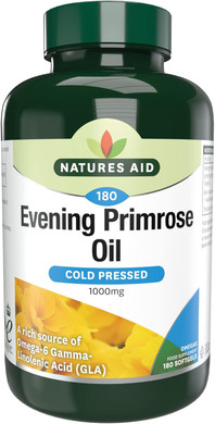Natures Aid Evening Primrose Oil 1000mg  Cold Pressed Omega-6 GLA  Supports Hormonal Balance & Skin Health  High Strength Potency  Non-GMO, Gluten-Free  180 Softgel Capsules