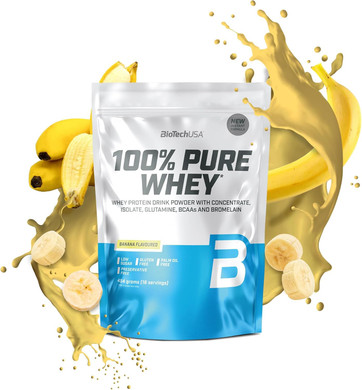 BioTechUSA 100% Pure Whey | Protein Powder with BCAA and Glutamine | Gluten-Free, Palm Oil Free | 21g Protein per Serving, 454 g, Banana