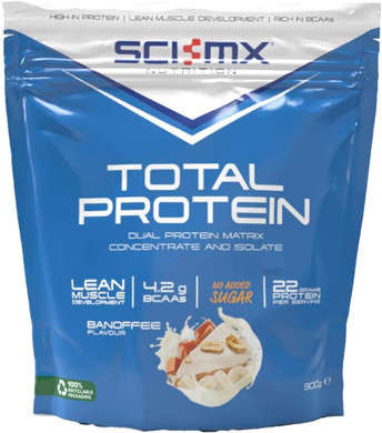 SCI-MX Total Protein - Concentrate & Isolate Protein Powder - Lean Muscle Development - Banoffee  No Added Sugar  4.2g BCAAs + 22g Protein per Serving  900g