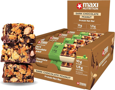 MaxiNutrition Protein Nut Bar - High Fibre Snack - Low in Sugar - 10g Protein - Dark Chocolate Peanut, Under 230 kcal per Serving, 12 x 46g