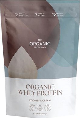 The Organic Protein Co - Cookies & Cream Organic Whey Protein Powder | Additive Free, Undenatured, Bioactive, UPF Free, No Emulsifiers, Primarily Grass Fed, Vegetarian, Gluten Free  400g