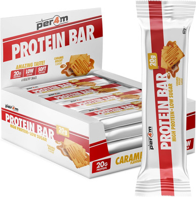 Per4m On-the-Go Protein Bar | High Protein, Low Sugar Bar with 20g Protein | Nutritional & Healthy Gym Snack Bar | Box of 12 x 62g (Box, Caramel Biscuit)