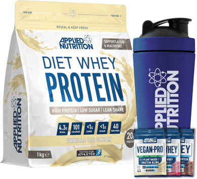 Applied Nutrition Diet Whey 1kg Bundle - Diet Whey High Protein Powder + 5 Sample Bundle + 750ml Steel Protein Shaker | Low Carb & Sugar, Weight Management Shake, 40 Servings (Vanilla)