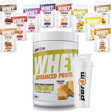 Per4m Advanced Whey Protein Powder | 30 Serving Low Sugar Protein Shake with Amino Acids | Perfect for Your Gym Bag and Travel | Shaker & 5 Mixed Selection Sachets (900g, Coconut Creme)