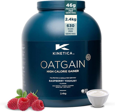 Kinetica Sports OatGain Weight Gainer - Raspberry Yoghurt Flavour | 630 Cal, 46g Protein & 82g Carbs/Serve, 15 Servings/2.4Kg | Optimum Grass Fed Protein Supplement | High Calorie & Easy Mixability