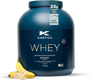 Kinetica Sports Whey Protein Powder - Banana Flavour | 23g Protein/Serve, 76 Servings/2.27Kg Pack | Gluten Free Supplement | Optimum for Muscle Growth & Recovery | Mixes Well with Water, Milk & Shakes