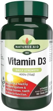 Natures Aid Vitamin D3 10µg (400IU)  High Strength Vitamin D Supplement  Supports Bones, Muscles & Immunity  Vegan, Gluten-Free, Non-GMO  90 Tablets  Essential Daily Nutrient