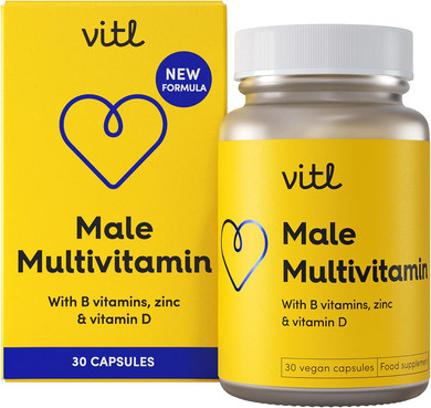 Vitl Male Multivitamin & Minerals Supplement - 30 Vegan Capsules - 20 Essential Nutrients Including B Vitamins, Zinc, Vitamin D & Plant Extracts - Support Overall Male Wellbeing - 1 Month Supply