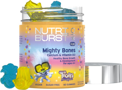 Nutriburst Trolls Kids Mighty Bones - Vitamin D3 + Calcium Chewable Vitamin - Healthy Bone Development - Vitamin D3 (25µg) + Calcium (240mg) - Vegan + Sugar Free - Strawberry Flavour - 60 Gummies