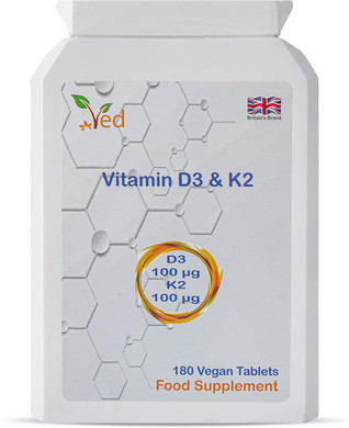 Ved's Vitamin D3 K2| 100 mcg Vitamin D3 & 100 mcg Vitamin K2| High Strength for Bone & Immune System| Vegan, Gluten Free 180 Vegan Tablets |6 Month Supply